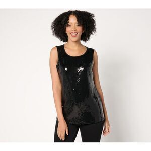 Denim & Co. Women's Top Sz M Sequin Front Scoop Neck Tank Black A667801